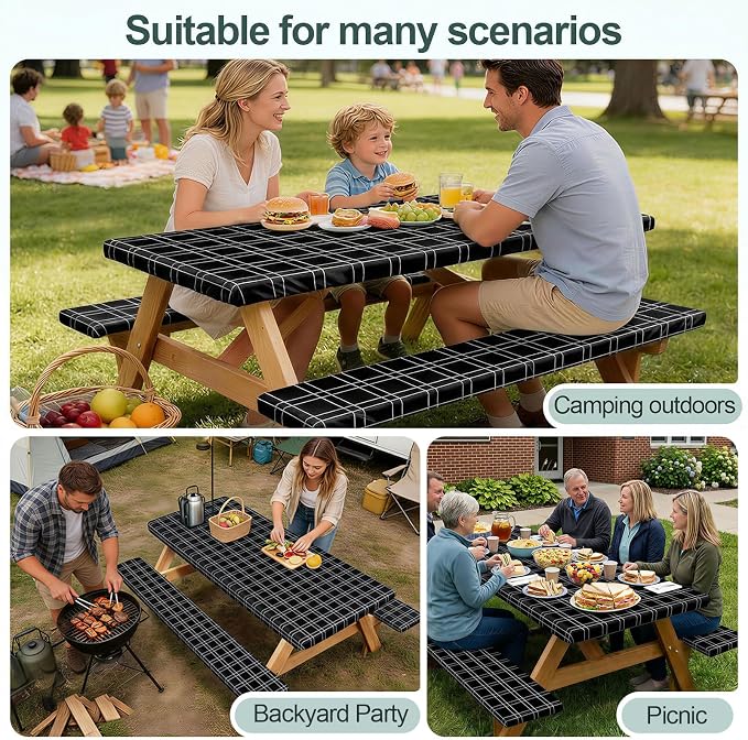 Play Tailor Picnic Table Cover with Bench Covers Camping Essentials Waterproof Windproof Camping Tablecloth with Drawstring Bag, Fitted Rectangle Tables and Seats, 96in, Black Checkered