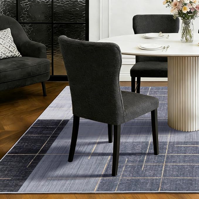 Washable Abstract Modern 6x9 Area Rugs for Living Room,Contemporary Geometric Rug for Bedroom Non Slip with Gold Striped, Blue and Grey White Checkered Carpet