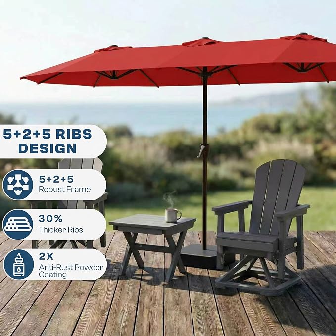 15FT Large Patio Umbrella with Base Included, Double Sided Outdoor Market Umbrella with Flexible Fiberglass Ribs, UV-Blocking Extra Large Umbrella for Garden, Pool, Deck, Red