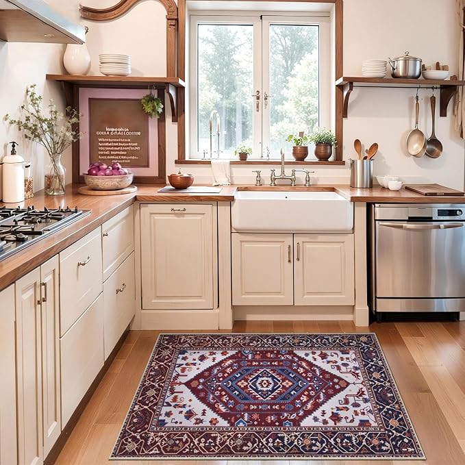SERISSA 2x3 Washable Non Slip Boho Small Area Rug for Entryway | Ultra Soft Vintage Oriental Carpet Low-Pile Burgundy Navy Indoor Mat for Bedroom Kitchen Bathroom Entrance Floor