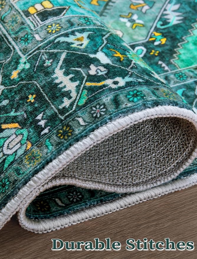 SERISSA 2x6 Washable Non Slip Boho Runner Rug for Hallway，Teal | Ultra Soft Vintage Oriental Carpet Low-Pile Distressed Tribal Floor Carpet for Kitchen Bedroom Bathroom Laundry Living Room