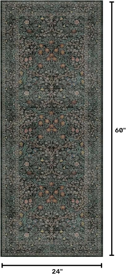 Dark Green 2x5 Runner Rug Non Slip Washable for Bathroom, Kitchen, Floral Boho Low Pile Entryway Rug, Door Mat Indoor Entrance, Small Carpet Runner for Laundry Room