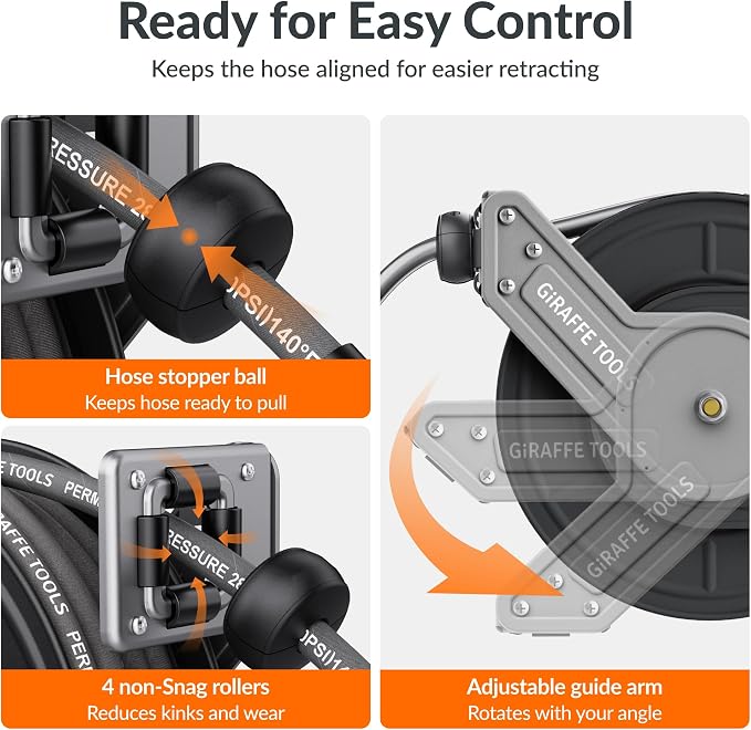 Giraffe Tools Pressure Washer Hose Reel with 60ft Replaceable Hose, Power Washer Retractable Hose Reel, Heavy Duty, Wall/Floor Mounted, 4000 PSI