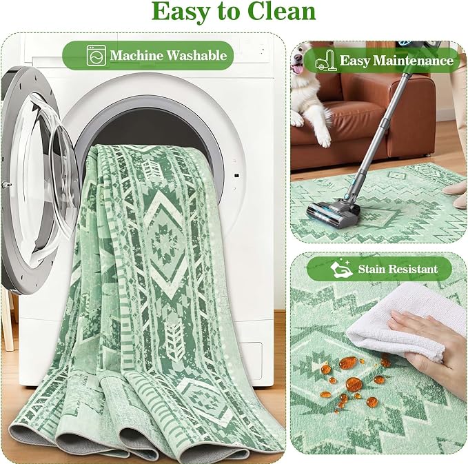 Yinhua Green 2x3 Area Rug for Entryway, Western Rugs Washable | Morrocan Small Rug Non Slip, Vintage Low Pile Indoor Carpet for Bedroom Kitchen Home Decor