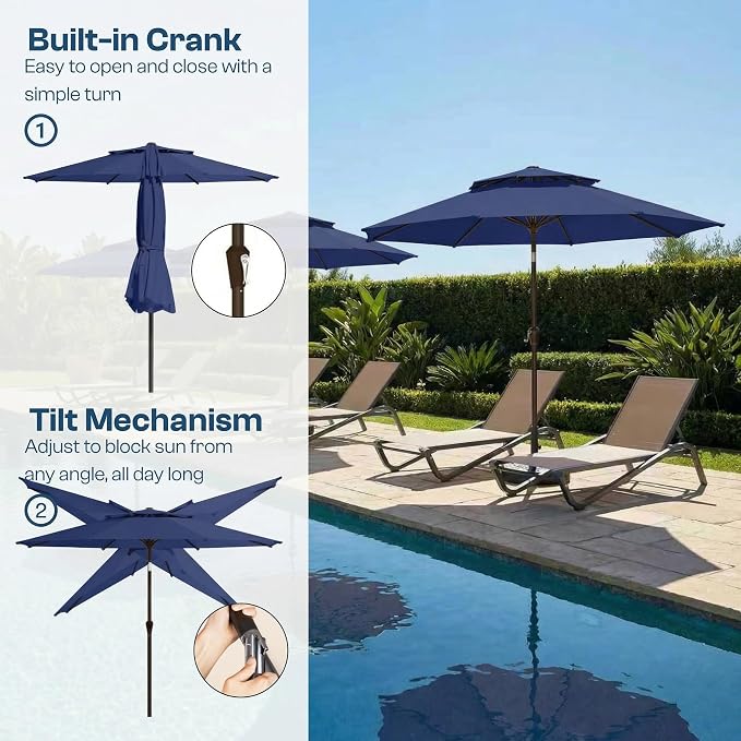 10FT Patio Umbrella, 2 Tier Outdoor Table Umbrella, Large Vented Market Umbrellas with Push Button Tilt and Crank, 8 Sturdy Ribs for Backyard, Deck, Pool, UPF50+ UV Protection