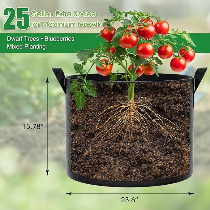 FEED GARDEN 25 Gallon Grow Bags 4 Pack – Heavy Duty 300G Thick Fabric Plant Pots with Reinforced Handles, Breathable Drainage Planters for Tomatoes, Potatoes & Large Vegetables Indoor Outdoor