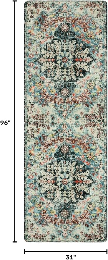 Lahome Reine Bohemian Floral 2'8" x 8' Washable Hallway Runner Rug, Non Slip Kitchen Carpet Runners, Turkish Soft Pet Friendly Stair Mat for Bathroom Laundry Room Sunroom, Teal