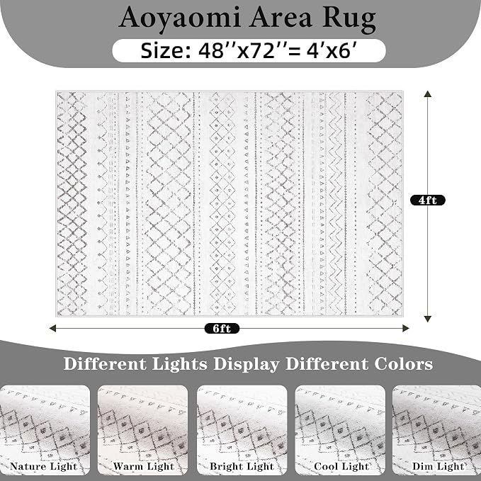 Area Rug 4x6 Geometric Rug: Washable Boho Moroccan Rugs Soft Farmhouse Rug, Modern Neutral Stain Resistant Indoor Floor Carpet for Livingroom Bedroom Dining Table Nursery(Dark Grey,4X6)