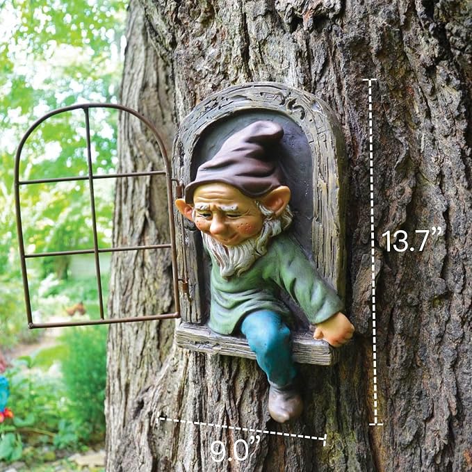 Elenon Gnome Big Tree Faces Garden Decor, 13 inch Gnome Coming Out of Tree Outdoor Decorations, Fairy Elf Hugger Whimsical Peeker Sculpture Yard Patio Art