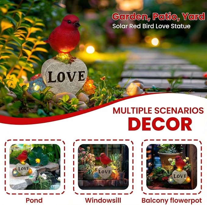 Solar Cardinal Decor Red Bird with Glowing Succulents Love Heart Stone Remembrance Garden Figurine Decor for Outdoor Yard Patio Lawn Sympathy Gifts for Mother Grandma Women Wife Sister