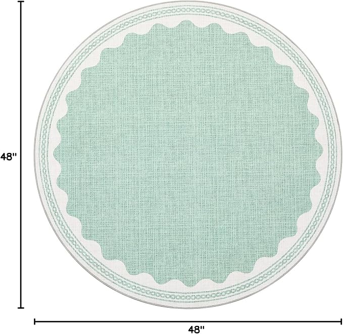 4ft Scalloped Round Rug Green Washable Living Room Bedroom Area Rug | Small Solid Rug for Bedroom Girls, Non Slip Scalloped Round Bath Mat, Soft Dorm Nursery Carpet for Bedside
