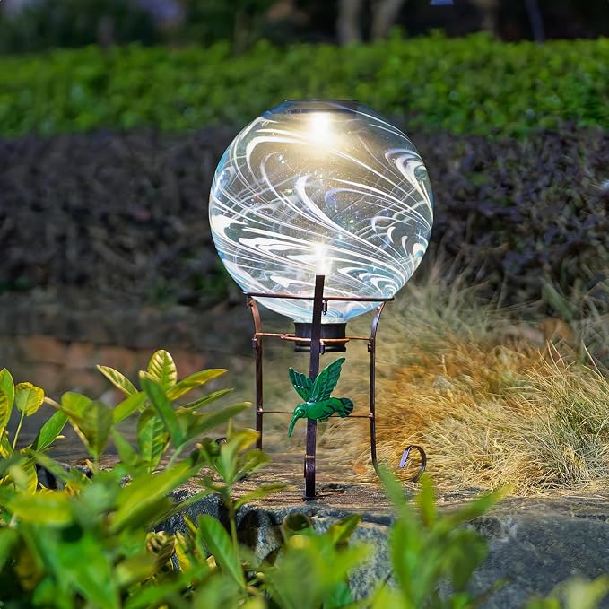 10 Inch Solar Glass Gazing Ball with 9.4" H Metal Stand | Solar Gazing Globe Lights Display Holder Set for Outdoor Garden Lawn Yard Decoration, Blue Water Ripple