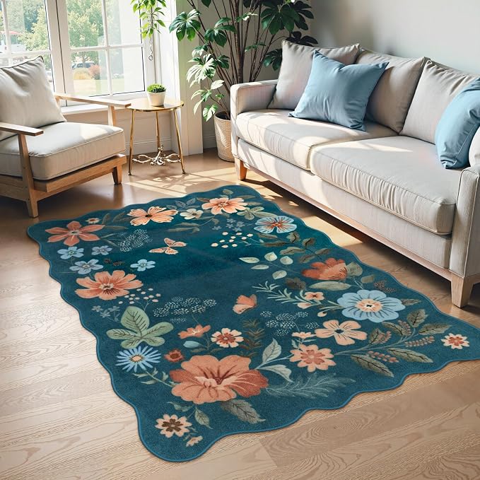 Lahome Floral Washable Rug, 3x5 Rug Soft Bedroom Rugs for Entryway Dorm | Non Slip Ultra-Thin Boho Rugs for Living Room Throw Carpet for Nursery Entrance Flore, NavyBlue