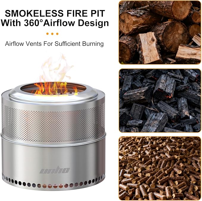 unho 20 Inch Stainless smokeless firepit for Outside Wood Burning Stove | smokeless Stainless Steel Outdoor Portable Fire Pit for Backyard, Garden, Picnic，outside bonfire fire pit