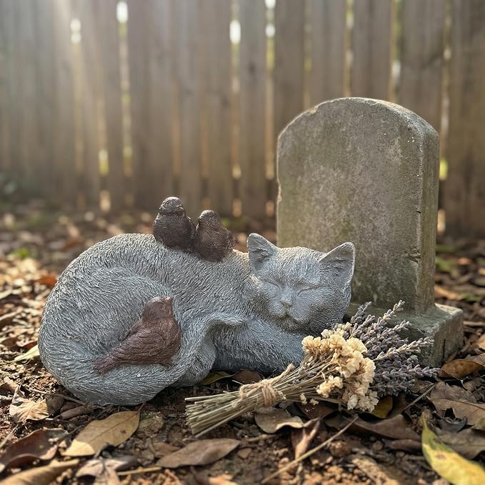 Cat Statue Outdoor Garden Decor - 11.4" Sparrows on Cat Figurine Memorial Grave Markers Garden Resin Sculpture for Outdoor Decoration, Pet Statues Gifts for Loss of Tabby Sympathy 11.4" x 7.1" x 4.6"