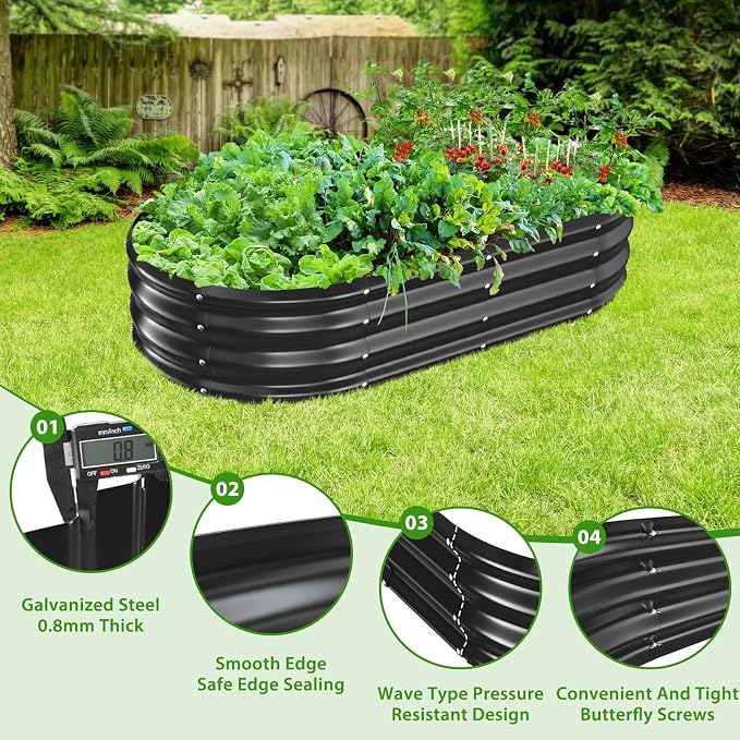 TBMLC Oval Galvanized Planter Box, Metal Raised Garden Bed - 0.8MM Thick- Ideal for Outdoor Gardening and Planting of Vegetables Flowers Fruits Succulent Plants and Others (Black, 5X2.7X1 FT)