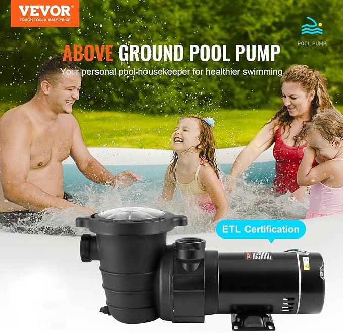 VEVOR Above Ground Pool Pump, 1HP, 80 GPM Max. Flow Single Speed Swimming Pool Pump, 120V 3450 RPM 36 ft Max. Head Lift Pool Pump with Filter Basket, for Above Ground Pools Hot Tubs Spas