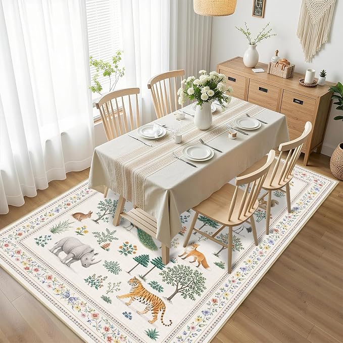 Jungle Animal Rug 3x5 Wild Zoo Animals Forest Area Rug for Entryway Living Room Machine Washable Non-Slip Printed Low-Pile Indoor Floor Carpet for Kids Room Nursery Bedroom Playroom,Beige