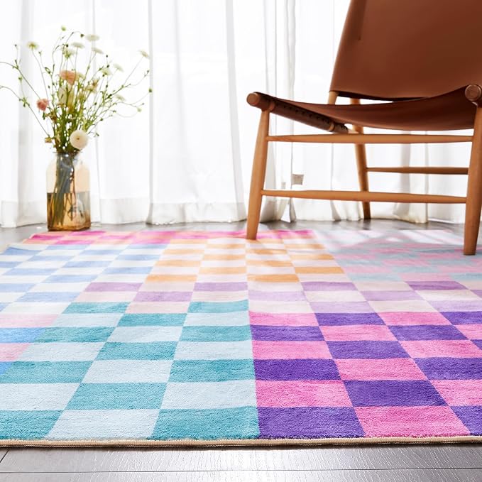 Multicolored Checkerboard Washable Rug 8x10 Ultra Thin Retro Aesthetic Funky Area Rugs Carpet for Living Dining Room Bedroom Kitchen Office Dorm, Colorful Checkered Modern Geometric Carpet
