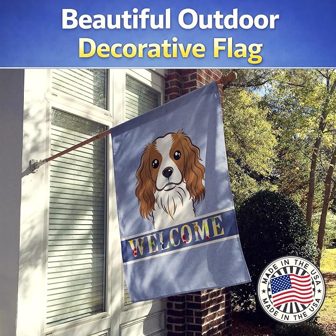 Caroline's Treasures BB1410CHF Cavalier Spaniel Welcome House Flag, Blue Large Porch Sleeve Pole Decorative Outside Yard Banner Artwork Wall Hanging, Polyester, House Size, Multicolor