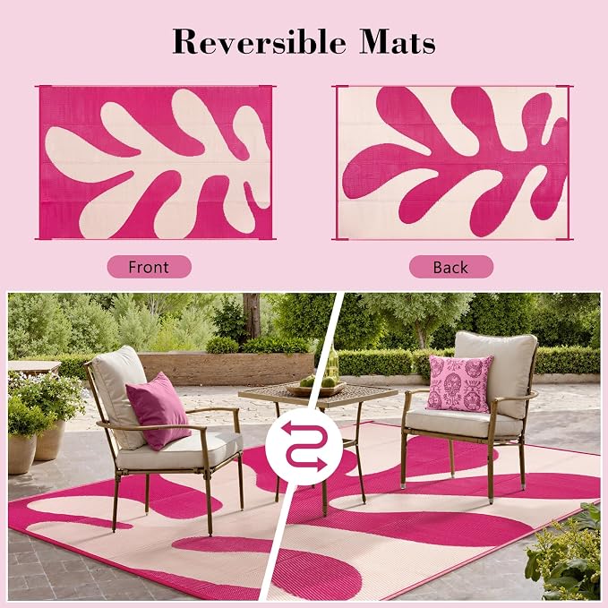 Lahome Plastic Hot Pink Outdoor Rug, Reversible Coral Sea Funky Outdoor Camping Rug, Portable Rv Rugs for Outside Beach Pool Camper Picnic Paio, Pink 8'x10'