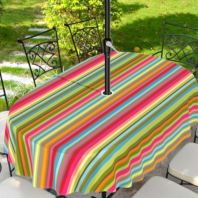Outdoor Tablecloth with Umbrella Hole and Zipper, Oval Patio Table Covers for Spring/Summer, Machine Washable Outdoor Picnic Table Cloth (01stripes, 60" × 84" Oval)