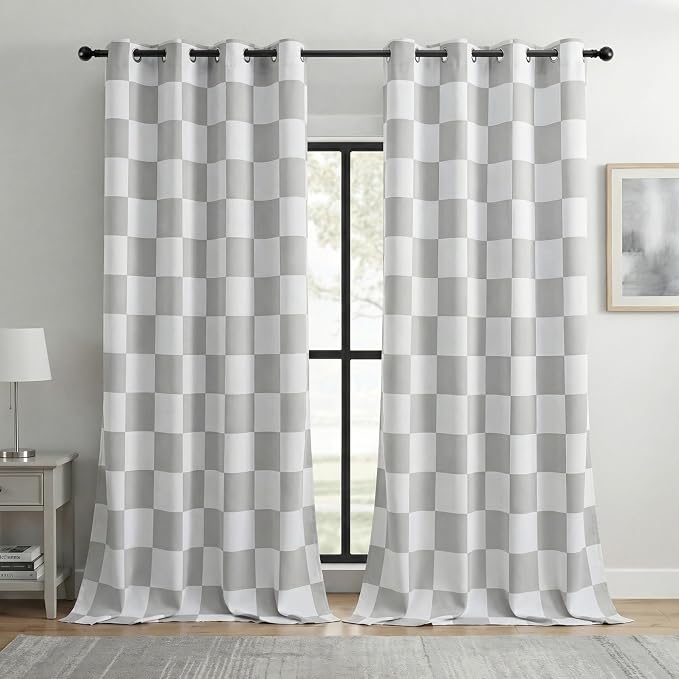 100% Blackout Checkered Curtains – 2 Panels, Each W52×L96, Thermal Insulated, Nosie Reducing for Bedroom, Modern Light Grey and White Checkerboard Design, Gray Checkered