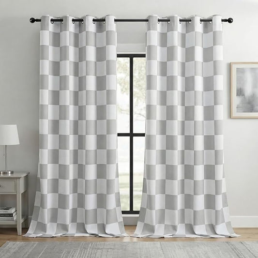 100% Blackout Checkered Curtains – 2 Panels, Each W52×L84, Thermal Insulated, Nosie Reducing for Bedroom, Modern Light Grey and White Checkerboard Design, Gray Checkered