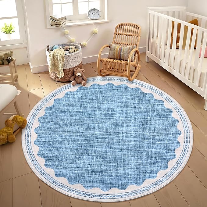 GarveeHome Scalloped Blue 6ft Round Rug Washable Non-Slip Soft Ultra-Thin Small Modern Cottage Core Solid Tan Circle Carpet for Kitchen Bedroom Nursery Dining Room
