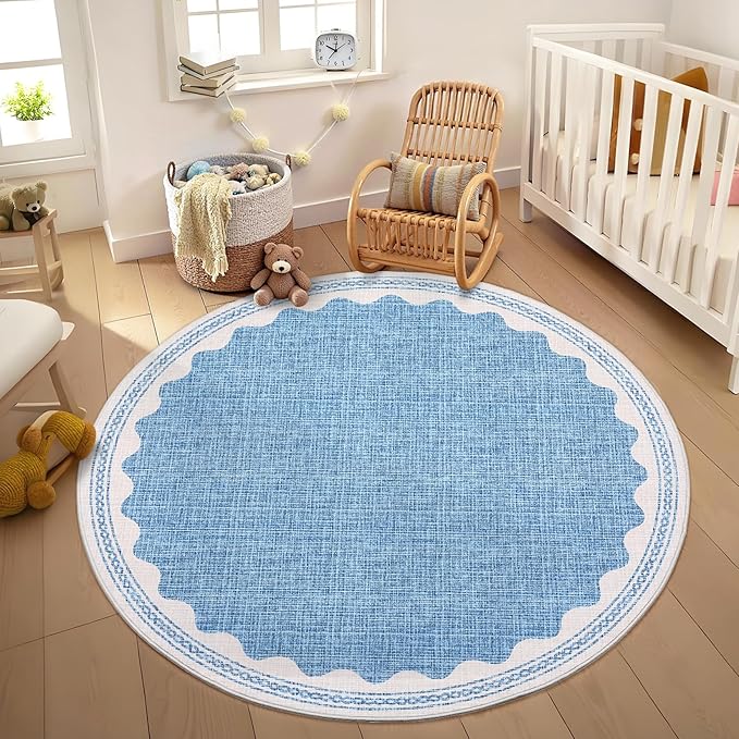 GarveeHome Scalloped Blue 4ft Round Rug Washable Non-Slip Soft Ultra-Thin Small Circle Modern Cottage Core Solid Tan Carpet for Entryway Kitchen Bedroom Nursery Dining Room