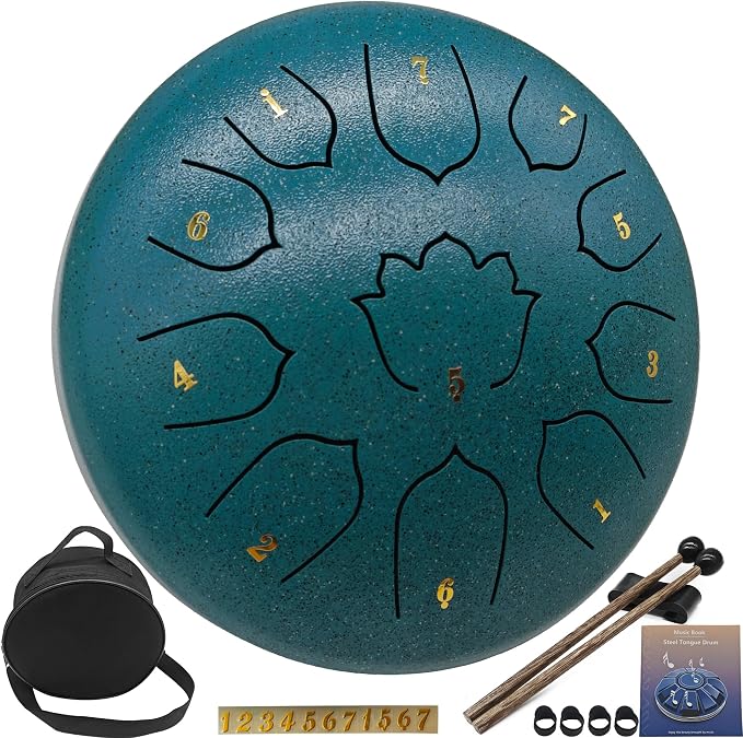 Rain Drum for Outside Garden, 8-Inch Steel Tongue Drum with 11 Notes, Percussion Instrument, Includes Packing Bag, Music Book, and Mallets, Ideal for Meditation, Yoga, and Relaxation