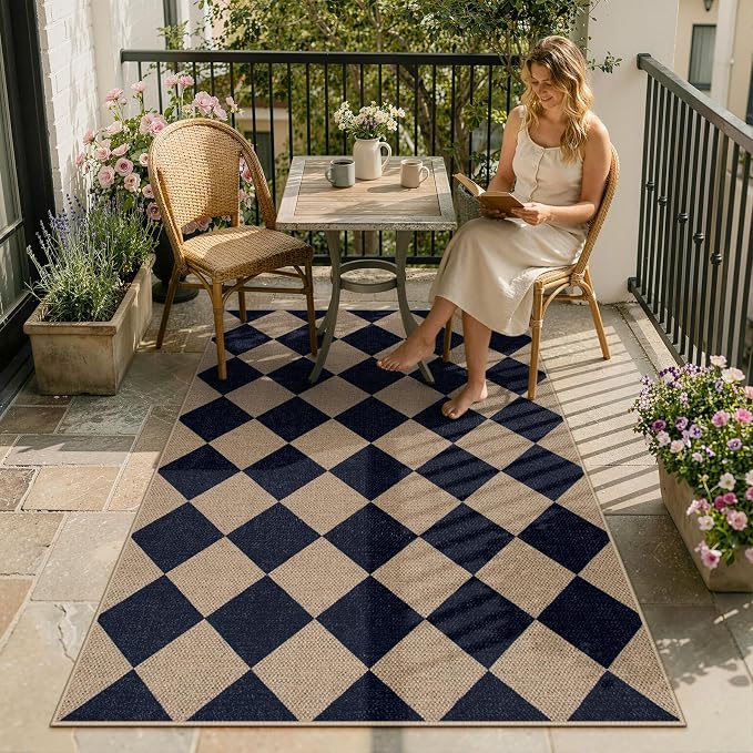 Lahome Colette Checkered Easy Jute Entry Rug, 3x5 Black Outdoor Patio Rug for Living Room Farmhouse Neutral Carpet, Washable Non Slip Indoor Door Mat Diamond Carpet for Front Door Deck Camping