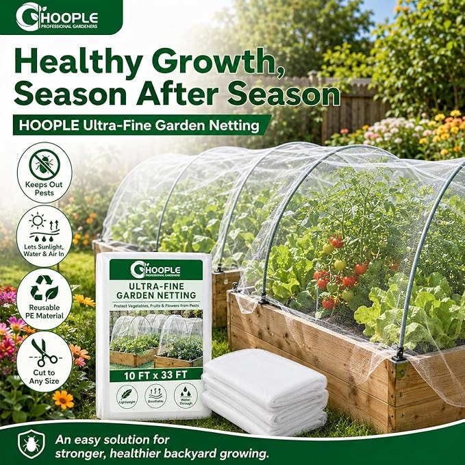HOOPLE Garden Netting 10 FT x 33 FT, Ultra-Fine Mesh Plant Cover, Bug Netting for Garden, Insect Pest Barrier Row Cover for Vegetables, Fruits & Flowers, Lightweight Breathable Garden Mesh Netting