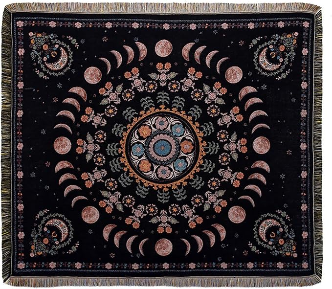 Boho Throw Blanket Reversible Cotton Bohemian Tapestry Hippie Room Decor Double Sided (Lunar Eclipse Black 50"x60")