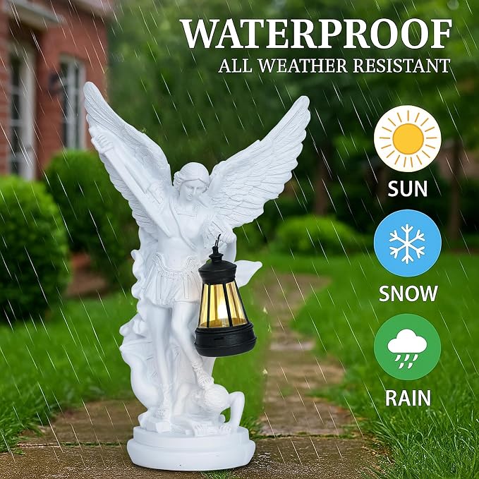 Dlfghos St Michael The Archangel Solar Outdoor Garden Decor Statues–12 in Miguel Arcangel Statue Solar Outdoor Sculptures for Outside Yard Patio Balcony Front Lawn Decor