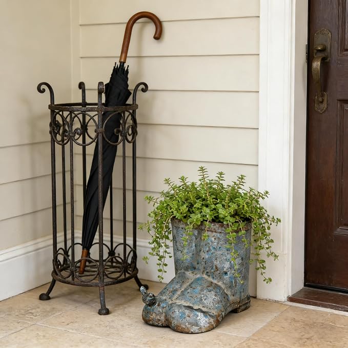 Vintage Galvanized Metal Rain Boot Planter with Bird Accent, Rustic Farmhouse Boot-Shaped Flower Pot, Decorative Indoor Outdoor Planter for Succulents, Herbs, Garden & Porch Decor