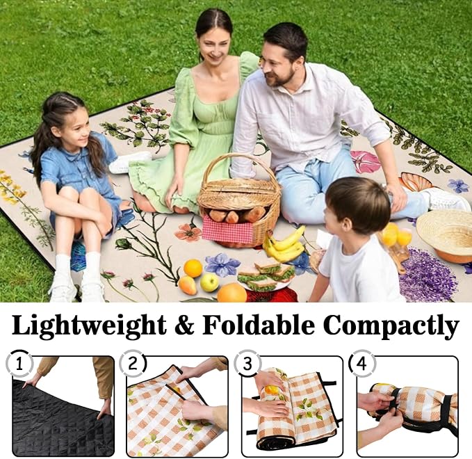 Picnic Blankets Waterproof Foldable Extra Large,80"x 80" Outdoor Beach Blanket Sandproof,3-Layer Lightweight Handy Mat Tote Picnic Camping Rugs for Outside Your Rv (Farmhouse Floral)