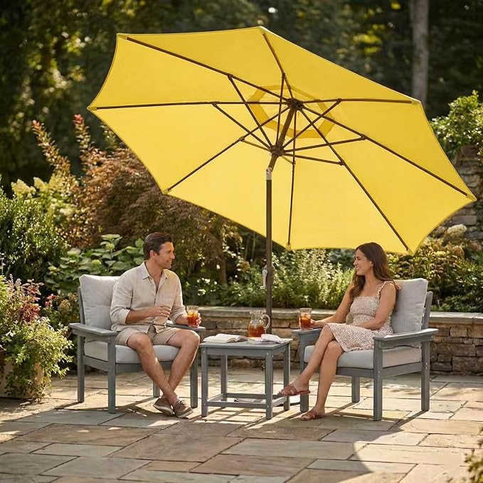 Kingdura 9FT Outdoor Patio Umbrella, Round Market Table Umbrella with Push‑Button Tilt and Crank Lift, 8 Sturdy Metal Ribs, UV50+ Protection Canopy for Backyard, Lawn, Deck, Poolside, Garden (Yellow)