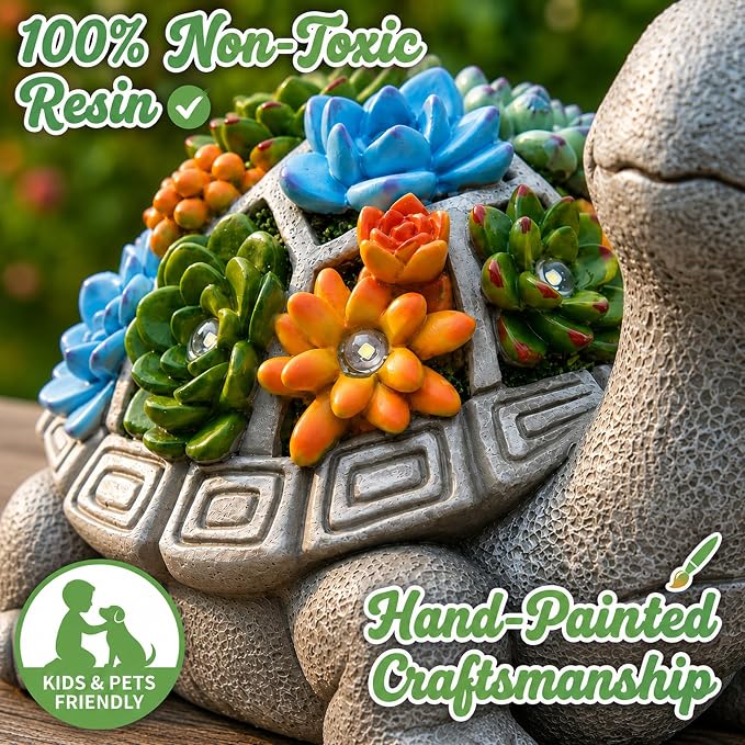 Solar Garden Outdoor Statues Turtle with Succulent | 7 LED Lights, Lawn Decor Statue for Patio, Balcony, Yard Ornament, Gifts for Mom Grandma Women
