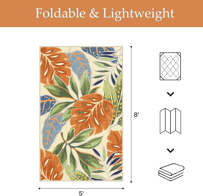 GENIMO Outdoor & Indoor Area Rug 5'x8', Waterproof, Non-Shedding, Easy Cleaning, Leaf Mat for Patio, Living Room, Balcony, Dining Room, RV, Deck, Bedroom, Camping, Outside Carpet, Rust Sage