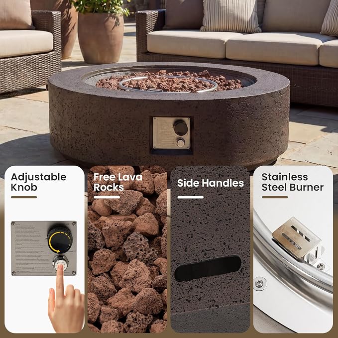 COSIEST 42 inch Outdoor Propane Fire Pit Coffee Table w Concrete Round Base Patio Heater, 50,000 BTU Stainless Steel Burner, Free Lava Rocks, Rain Cover, Brown