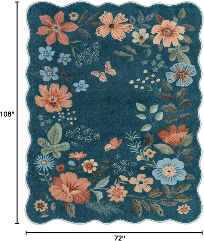 Lahome Floral Washable 6x9 Area Rugs, Soft Bedroom Rugs for Living Room | Ultra-Thin Non Slip Dining Room Rug, Stain Resistant Boho Blue Rugs Throw Carpet for Office Flore (6'x9',Navy Blue)