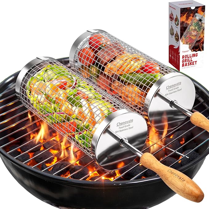 Chenovate® Rolling Grill Baskets,Gifts for Men,Removable Wooden Handle,304 Stainless Steel,Grilling Accessories for Veggies,Smoker BBQ Tools,Grilling Gifts for Birthday Festival Anniversary —2 Pack