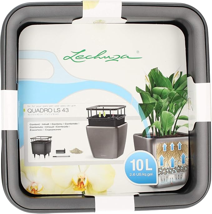 Lechuza Quadro LS 43 Charcoal Metallic, Self-Watering Square Planter, H15.4 L16.9 W16.9 in