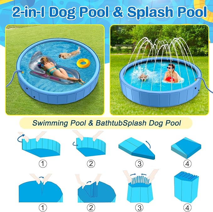 Foldable Dog Pool, 71 in Large Sprinkler Pool with Cover for Dog, Heavy Duty Dogs Splash Pad with Sprinkler Bathtub for Large Medium Small Pets Summer Outside Water Playing