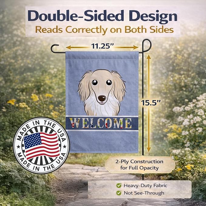 Caroline's Treasures BB1398GF Longhair Creme Dachshund Welcome Garden Flag, Blue Mailbox Flag Decorative Yard Flag Banner Outside Patio Artwork Yard Flower Beds, Garden Size, Multicolor