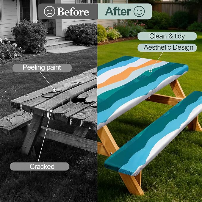 Picnic Table Cover with Bench Covers Camping Essentials Waterproof Windproof Camping Tablecloth with Drawstring Bag, Fitted Rectangle Tables and Seats, 96in, Orange Blue