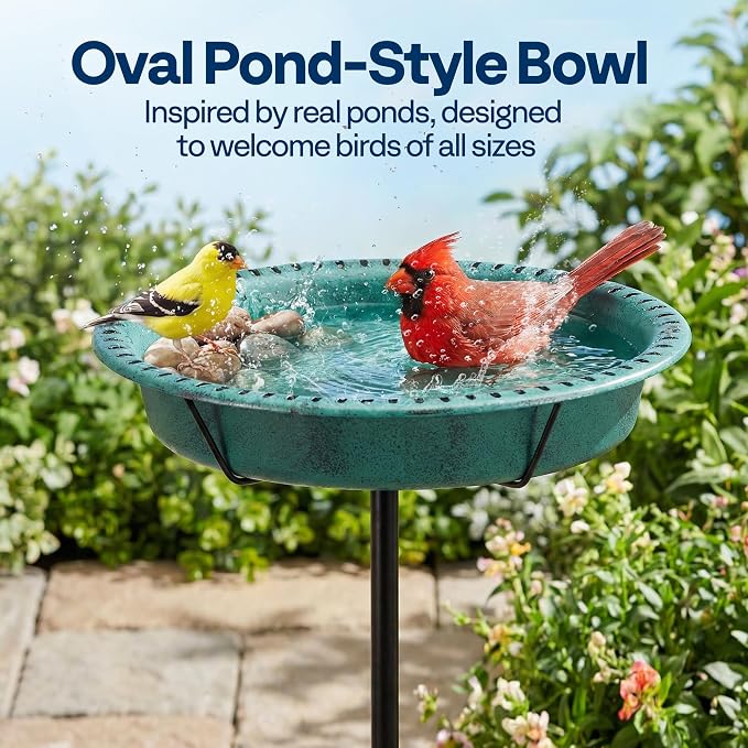 VIVOHOME Oval Bird Bath for Outside, Outdoor Birdbath Bowl with Metal Ground Stake, Weather-Resistant ABS Bird Bath and Feeder for Garden, 1.3 Gallons, Green