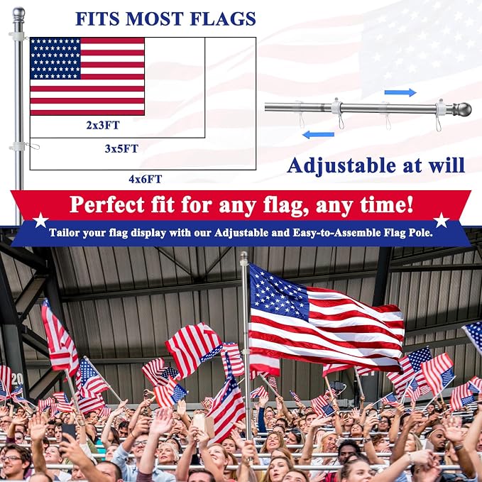 PHITRIC Flag Pole Kit, Tangle Free Spinning Stainless Steel Rustproof Flagpole for 3x5 Sports Fan Outdoor Flags for Outside House (Silver, 5FT, with Bracket)
