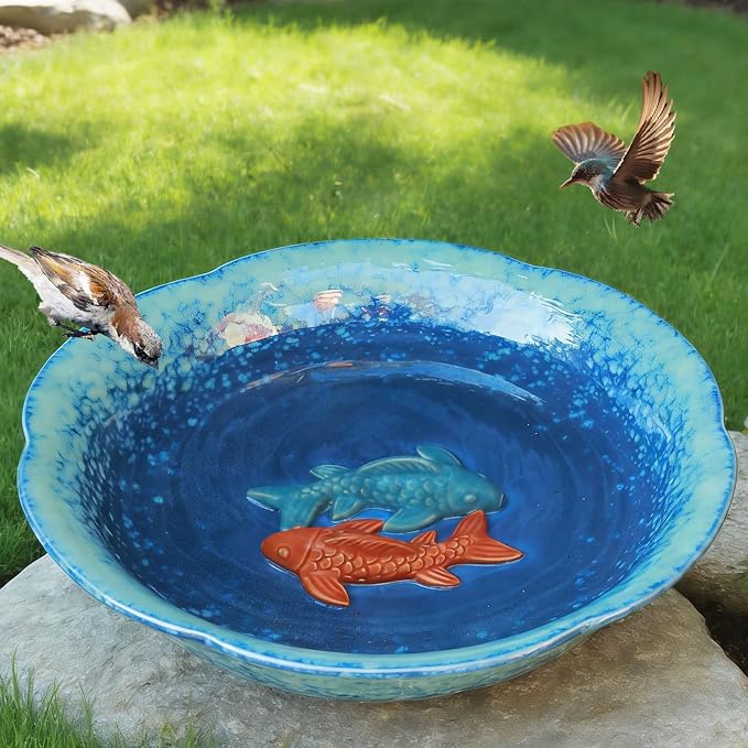 10" W Ceramic Bird Bath Bowl,Bird Bath for Outside with 2 Koi Fish Decor.